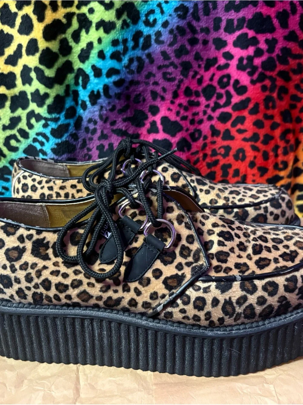 T.U.K Leopard Hair-On Platform Creeper - Tan & Black DEADSTOCK